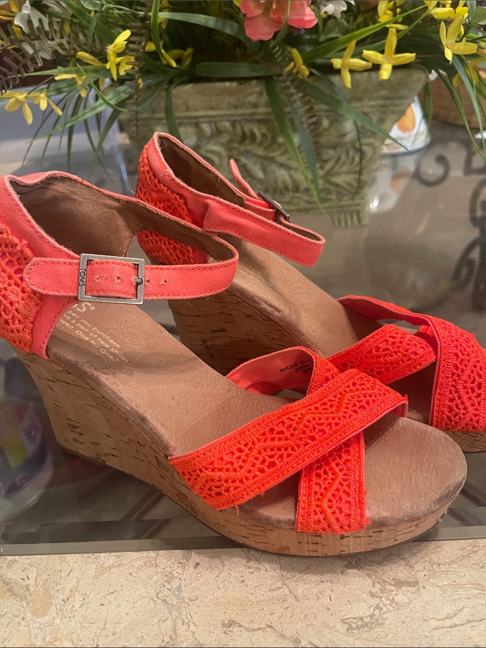 Toms Coral Crochet Cork Wedge Sandals with Ankle Strap